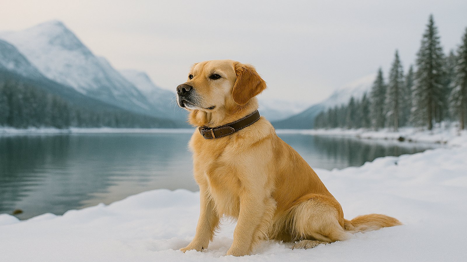 NordicStella banner – dog sitting on snowy ground beside a calm lake with mountains and trees in a modern Scandinavian setting